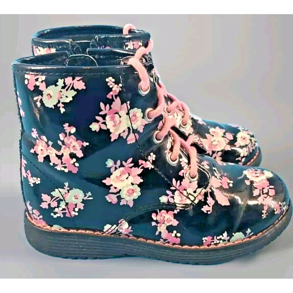 Girls Rain Boots Ankle Dark Floral Lace Up & Zip The Place Sz 9 Flat